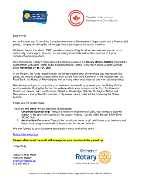 Support Kitchener Rotary Online Auction: Nov 2nd – 16th, 2024